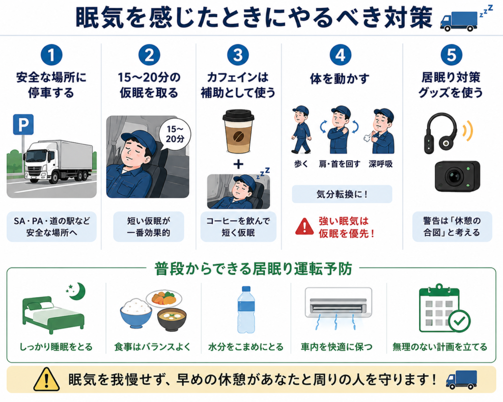 居眠り運転を防ぐため安全な場所で休憩するトラック運転手